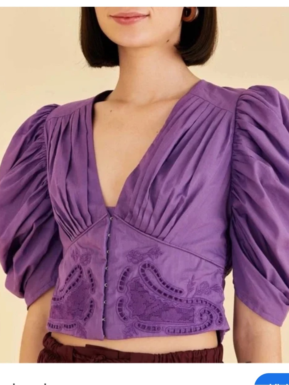 Purple Puff-Sleeve V-Neck Crop Blous3